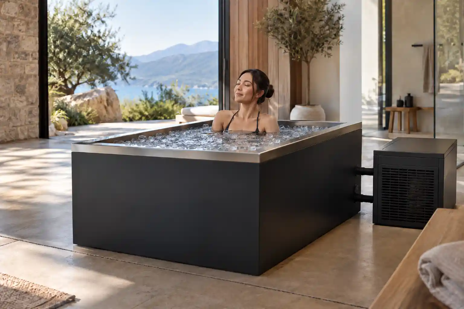 Woman immersed in an ice-filled rectangular cold plunge tub with an external water chiller in an airy home spa.