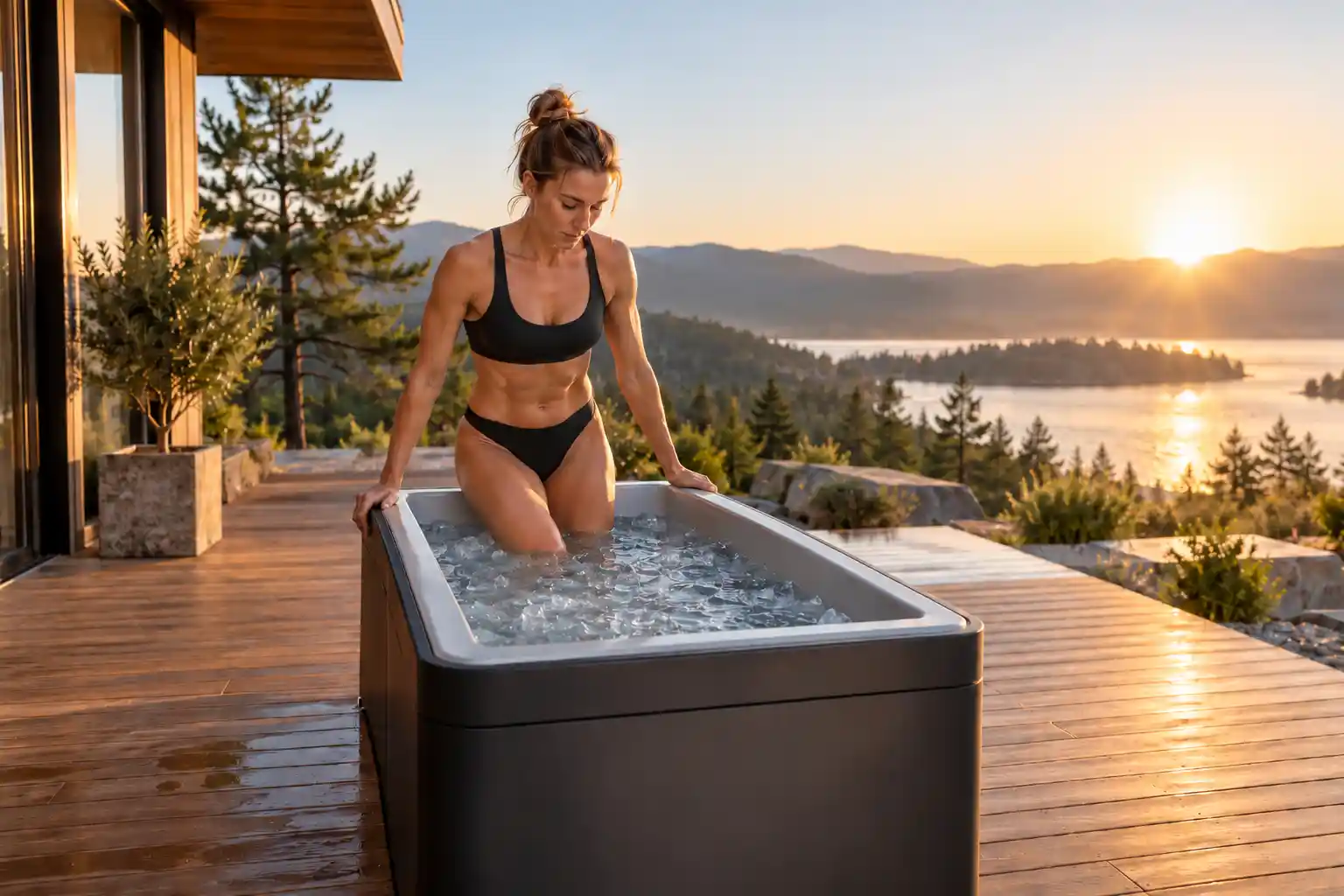 Woman sitting in a cold plunge tub on a lakeside deck surrounded by trees at sunset.